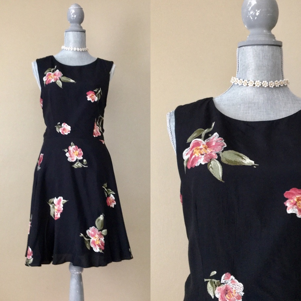 Vintage 90s Kenar Dress Rose Print Skater Dress
